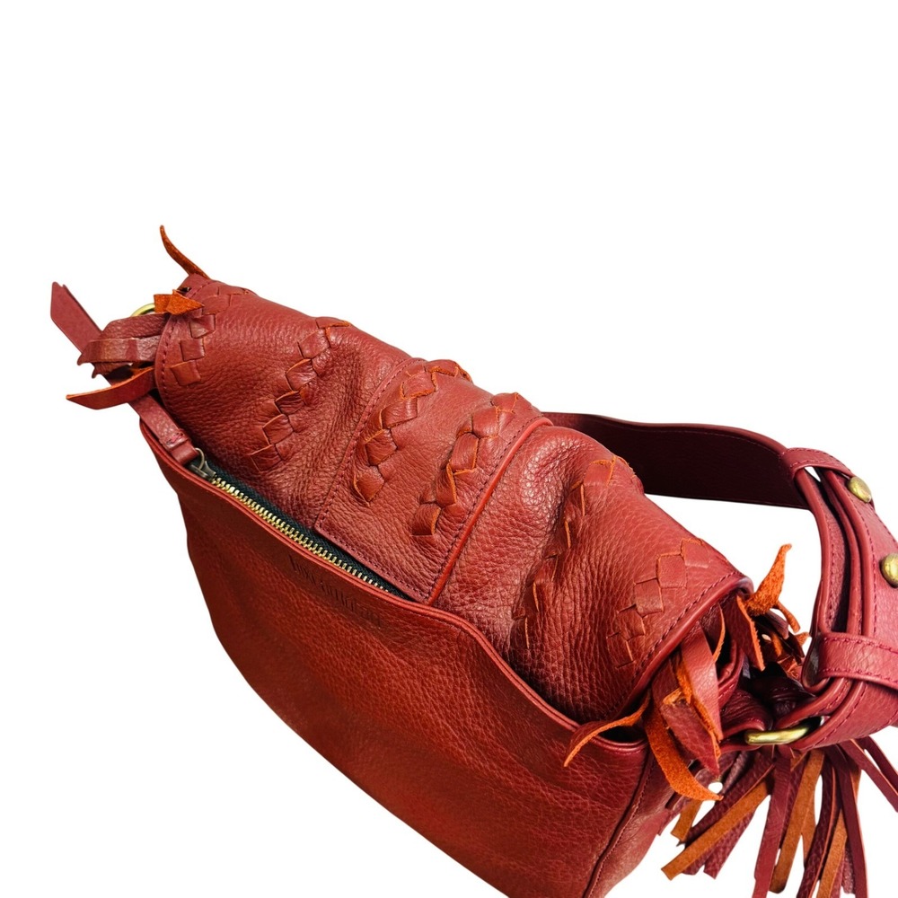 Bixi Awotan Seneca Red Pebbled Leather Fringe Braided Shoulder Bag Tassel Boho - Picture 8 of 13